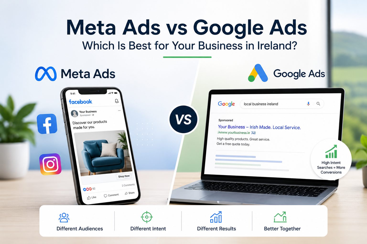 Meta Ads vs Google Ads comparison for Irish businesses